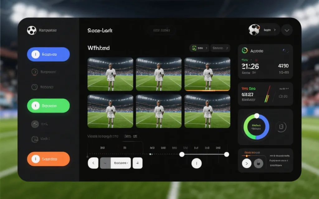 足球比赛直播界面特写：多机位切换按钮、实时数据面板、精彩回看时间轴