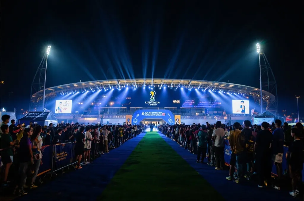 夜晚球场外景与观众入场队列，灯光璀璨，充满决赛氛围